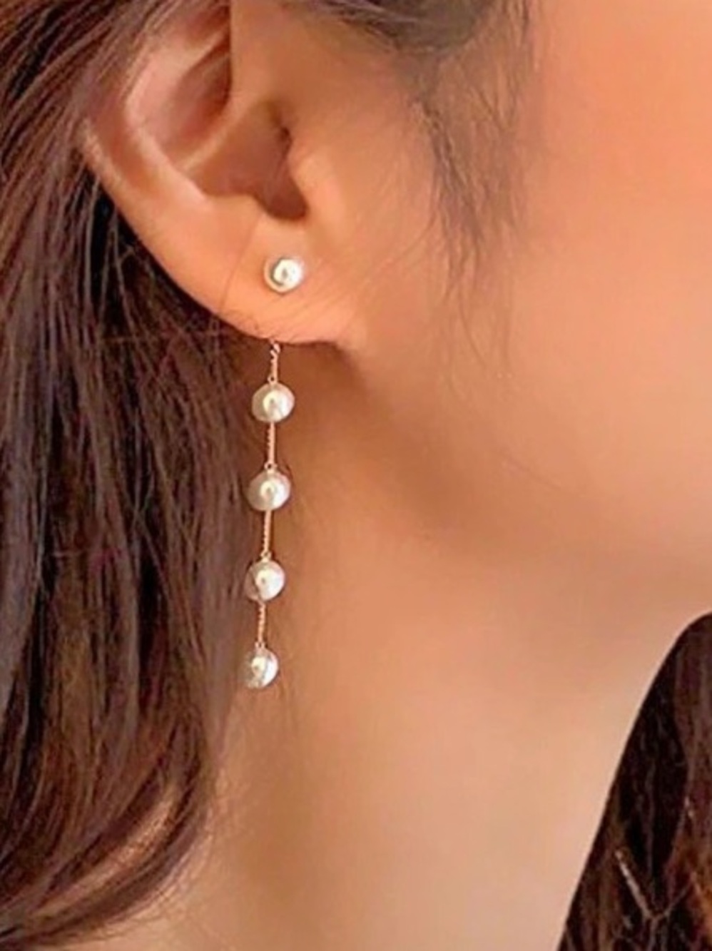 New Chain & Pearl Decor Long Earrings White & Gold